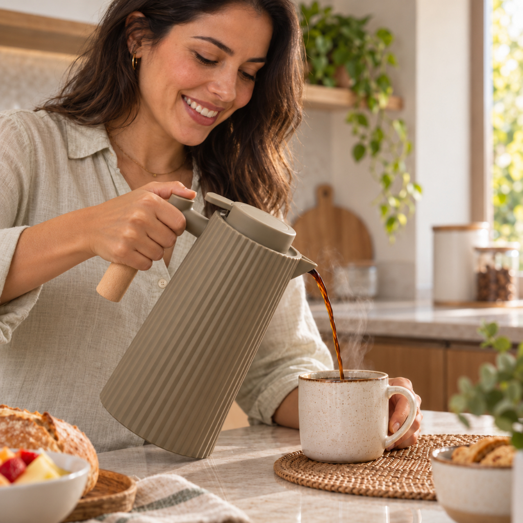 Garrafa Termica 1 Litro Cabo Madeira Café Chá Leite Mesa Posta Nórdica Gourmet