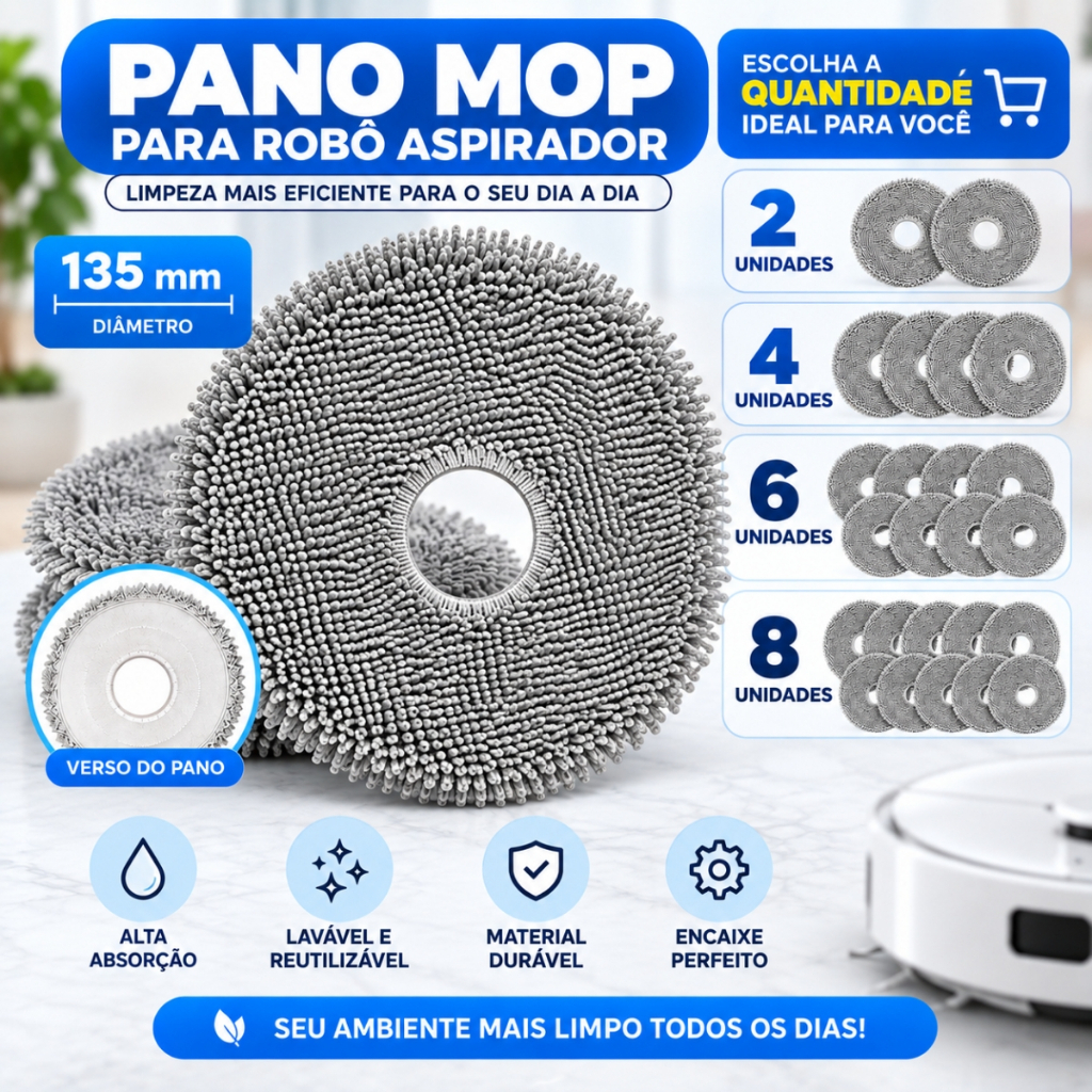 Kit 2, 4, 6 Pano Mop Esfregão P/ Robô Mijia Xiaomi  5 Pro H50 S40 S10+ X10+ X20+ S20+ Roborock Qrevo
