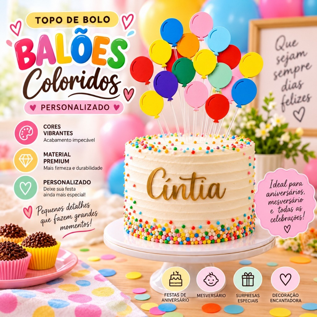 Topo de Bolo Balões Coloridos Personalizado com Nome | Decoração Premium para Aniversário 🎈