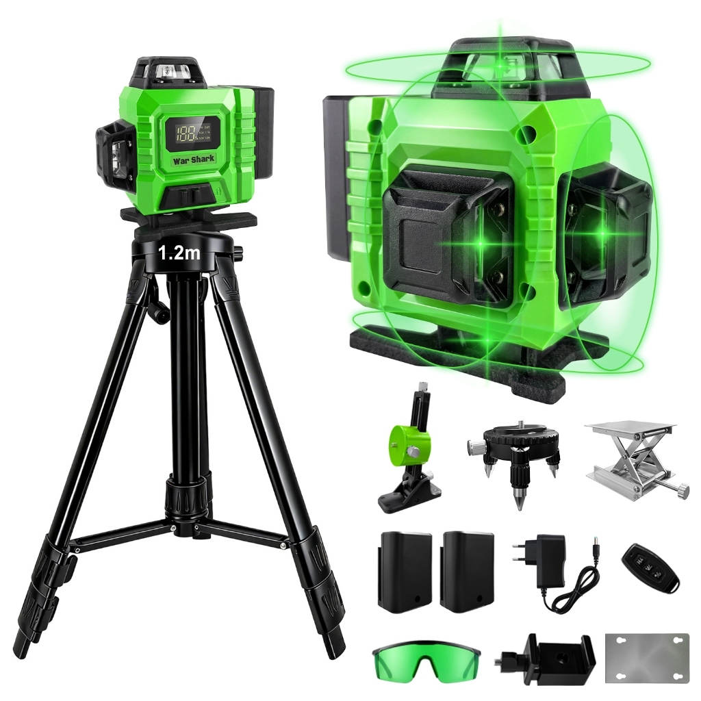 Nível Laser 16 Linhas Profissional  Verde Nível 360° Auto-Nivelante 4D + Tripé 1.2m + 40m   War Shark