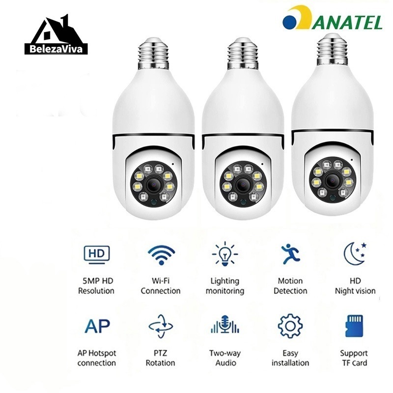 3 Câmeras de Segurança Wi-Fi com Lâmpada Monitoramento 24h, Detecção de Movimento e Instalação Fácil 8177