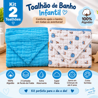 Kit 2 Toalhões de Banho Grande Infantil 2 Camadas Soft com Capuz 100% Algodão Menino Menina