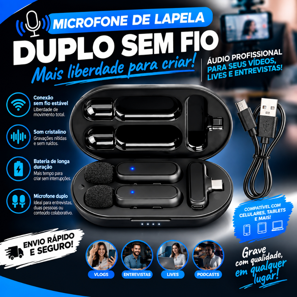 Microfone De Lapela Duplo Profissional Influencer Sem Fio