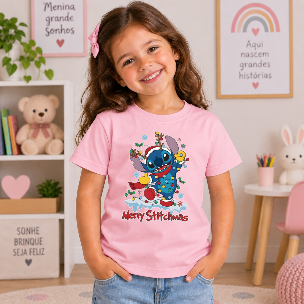 Camiseta Infantil Feminina Stitch Algodão 100% Estampada Gola Redonda Confortável