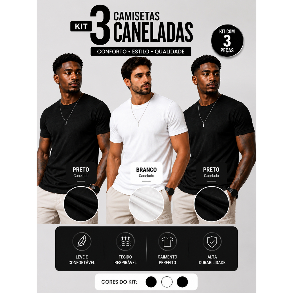 Kit 3 Camisetas Masculinas Caneladas Americana Slim Básica Ribana com Elastano