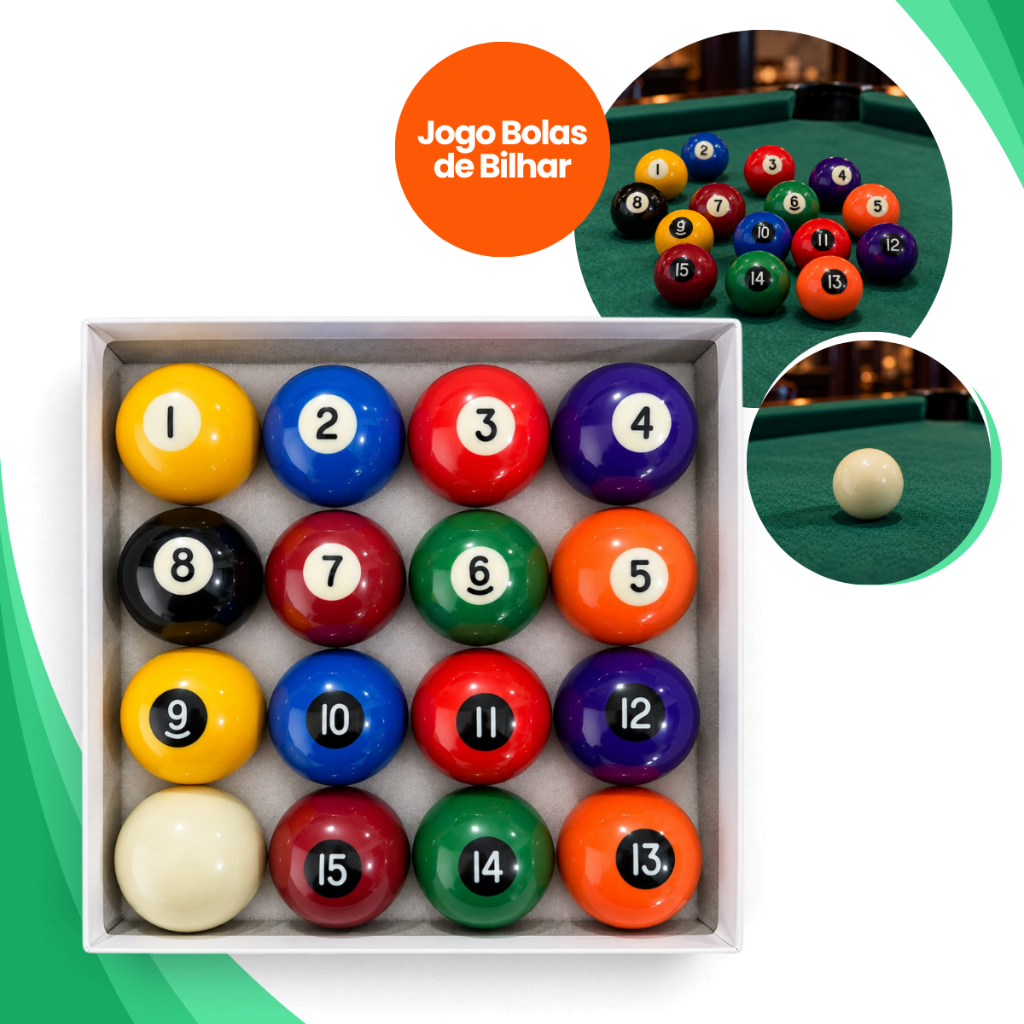 JOGO DE BOLAS DE BILHAR SINUCA NUMERADAS 50MM + BOLÃO 54MM SNOOKER