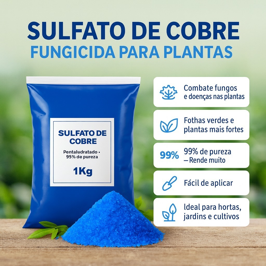 Sulfato de Cobre Penta-Hidratado 99% Puro 500g/1kg/2kg Solúvel Aplicação - Piscina, Jardim , Horta e Água Potável