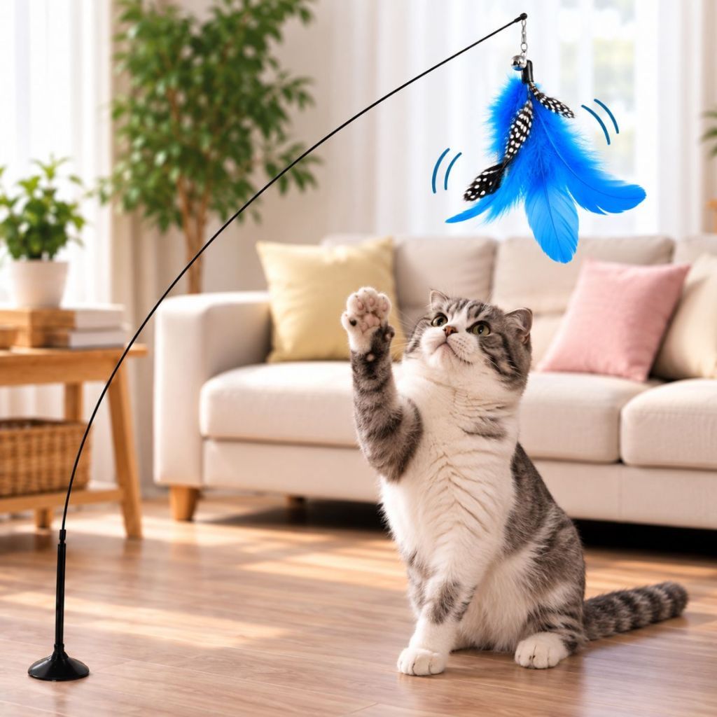 Brinquedo Varinha Gato Pena de Pássaro Com Ventosa Fixa No Chão