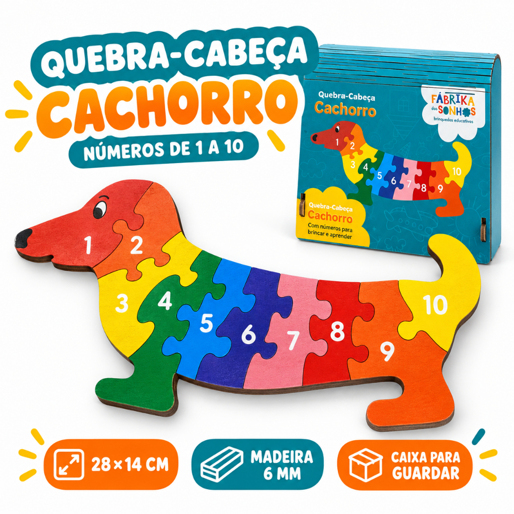 Quebra-Cabeça Educativo Infantil Cachorro em MDF com Números 1 a 10 Brinquedo Pedagógico Montessori
