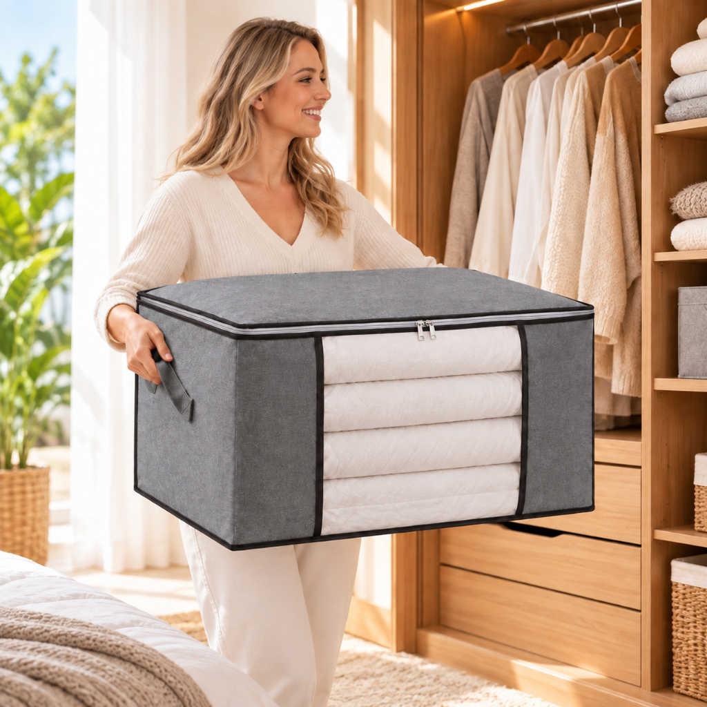 Caixa Saco Organizador 90L Cobertor Edredom Roupas TNT Visor Transparente Ziper Duplo Guarda Roupas
