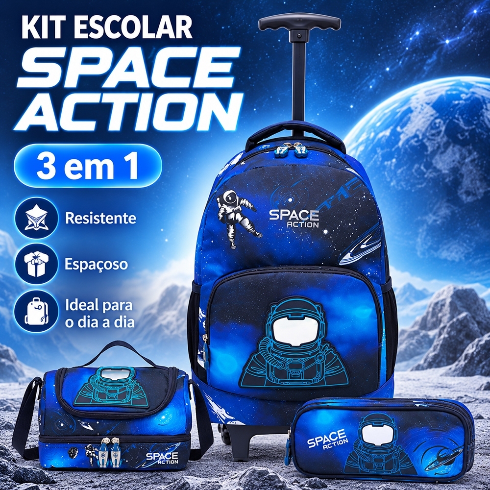 Guelph Kit Mochila azul com rodas motivo de astronautas da equipada lancheira e bolsa para material escolar