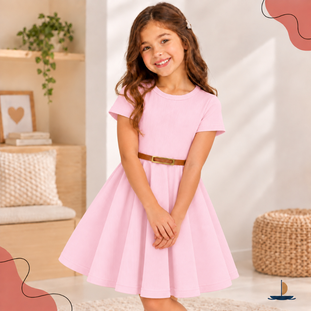 Vestido Infantil Godê Cinto Manga Curta Festa Dia a Dia Evangelico Igreja Aniversário Fofo Rodado Verao