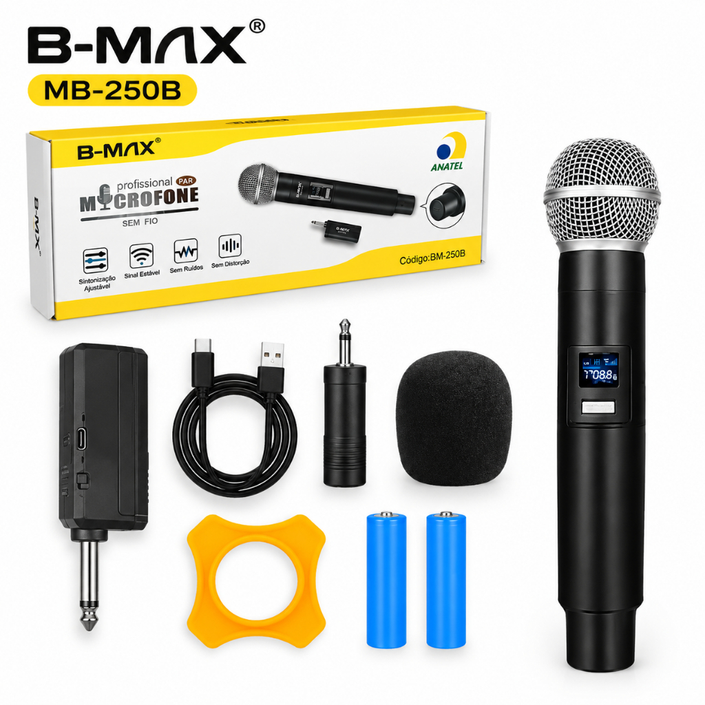 Microfone  Sem Fio UHF Portátil Recarregável Para Karaokê Festa De Casamento Igrejas Musicas Eventos B-MAX BM-250B