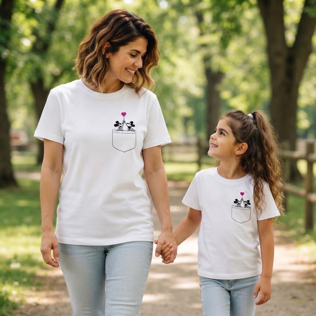 Conjunto Camiseta Feminina  Adulto  e Infantil Tal Mãe Tal Filha Algodão Estampa Bolso Personagem