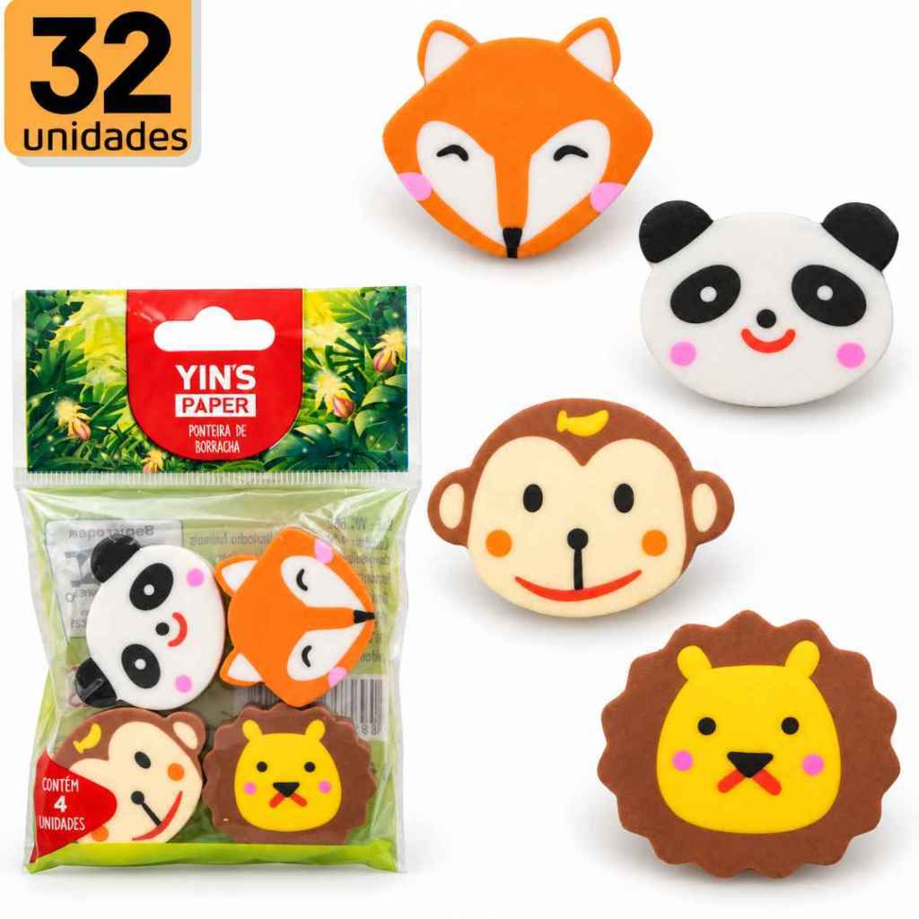 32 Borrachas Escolar Ponteiras Yins Bichinhos Raposa Panda leão Macaco YINS PAPER