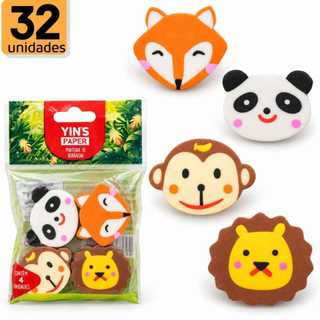 32 Borrachas Escolar Ponteiras Yins Bichinhos Raposa Panda leão Macaco YINS PAPER