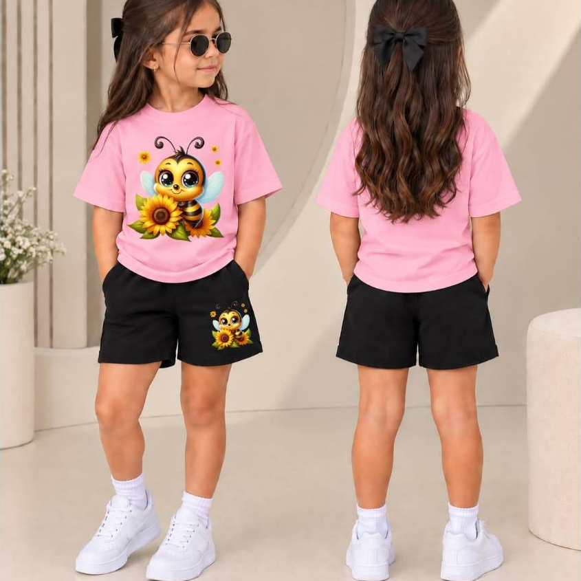 Conjunto Infantil Feminino com Camiseta Básica com Estampa de Abelhinha Fofa e Short de Moletom, Look Fofo e Confortável
