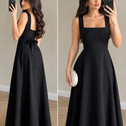 Vestido Longo Femenino com Decote quadrado e Amarraçao nas costas -Elegante e Sofisticado
