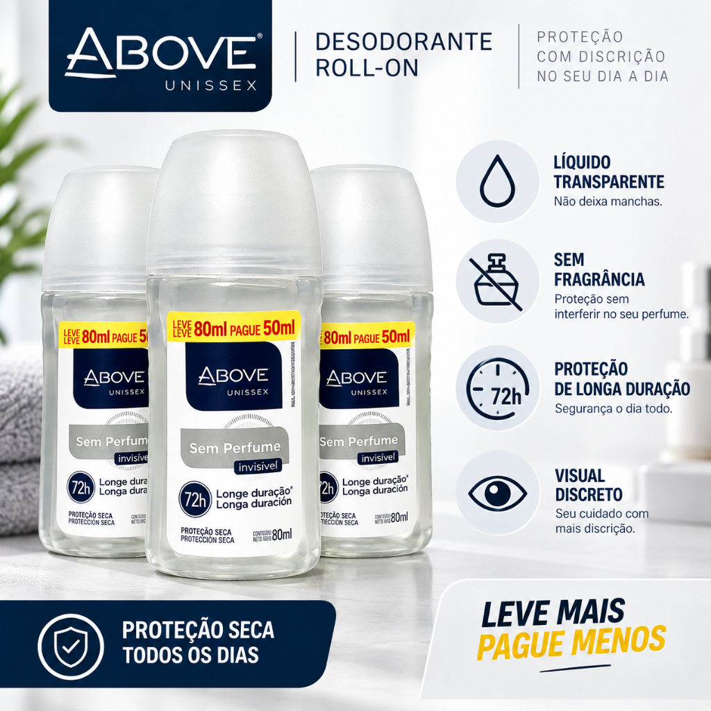 Desodorante Rollon Sem Perfume Above 72h De Proteção 80ml Longa Duração Unissex Idial Para Jumbo