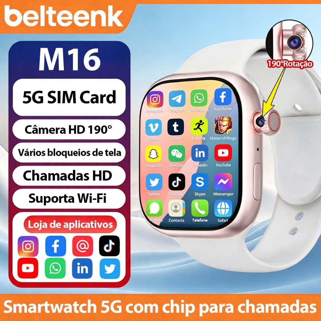 Belteenk Relógio Inteligente 5G com Chip | Smartwatch Dual Sistema (Chip + Bluetooth) 2.02‘’AMOLED tela Câmera HD 190°