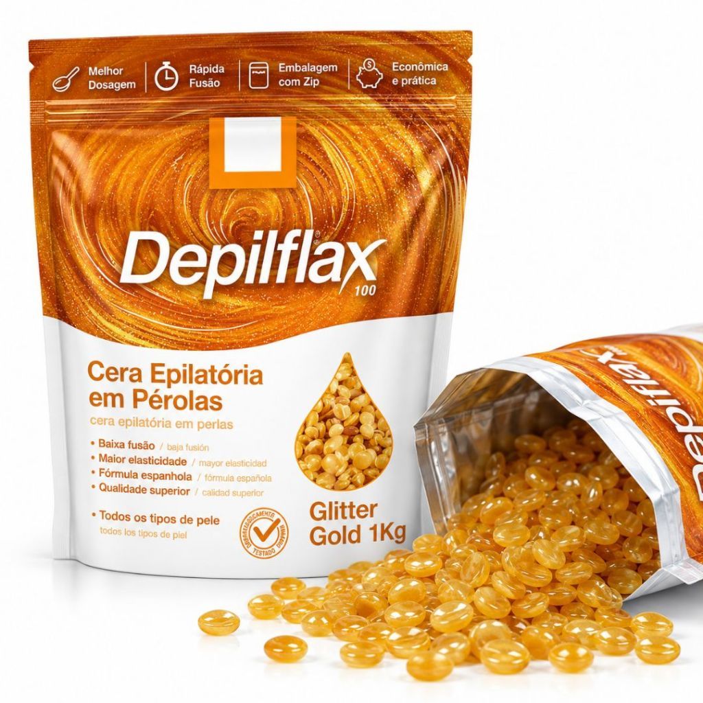 Cera Depilatória Depilflax em Pérolas Glitter Gold 1kg Baixa Fusão Profissional — imagem 2 de 2