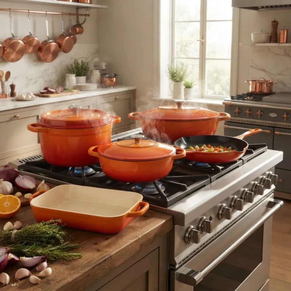 Jogo de Panelas Ferro 5un Laranja Cerâmca Estilo Le Creuset
