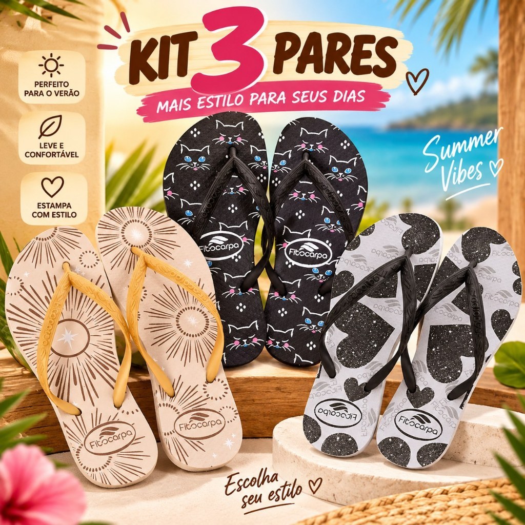 Kit 3 Pares Chinelo Para Praia e Piscina Feminino De Dedo Leve Macio Confortável Rasteiro Antiderrapante Casual