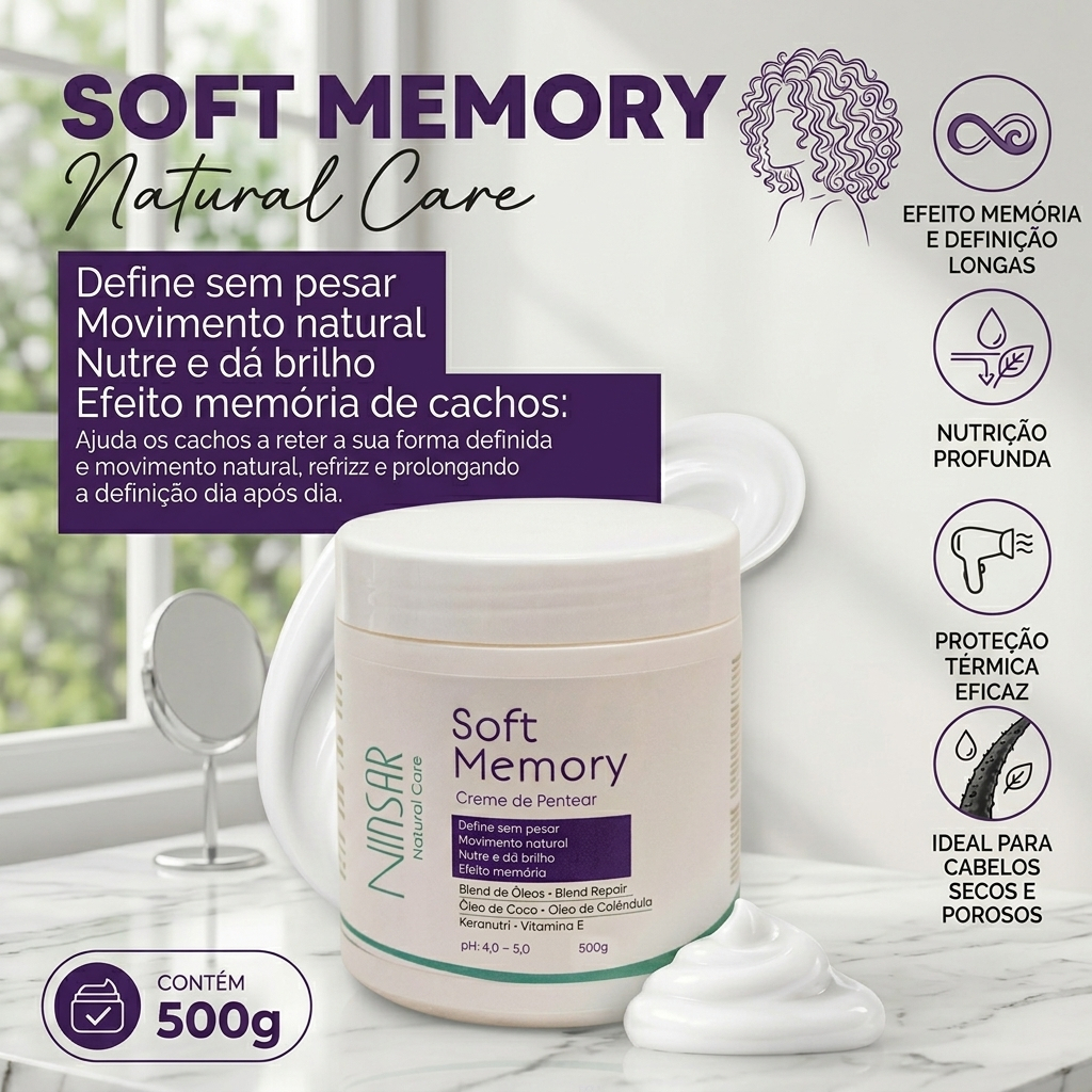 Creme para pentear Cachos Soft Memory | Memória de Cachos, Definição, Brilho, Maciez e Anti-Frizz, proteção térmica 500g