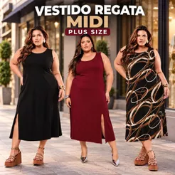 Vestido Plus Size Feminino Midi Curve Com Fenda Alças Largas Verão Tendência leve soltinho Curvy