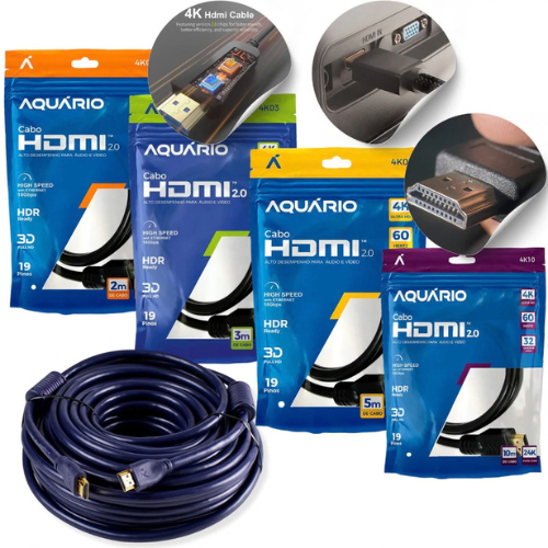 Cabo HDMI 2.0 4K Aquário 2m 3m 5m 10m Ultra HD 60Hz Blindado Gold TV PS5 Xbox