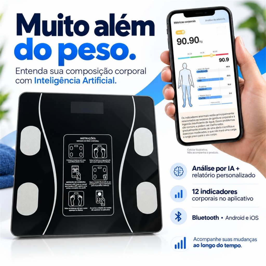 Balança Digital Medidora Corporal Bioimpedância até 180kg Imc Bluetooth Corporal Aparelho Alta Capacidade aplicativo App