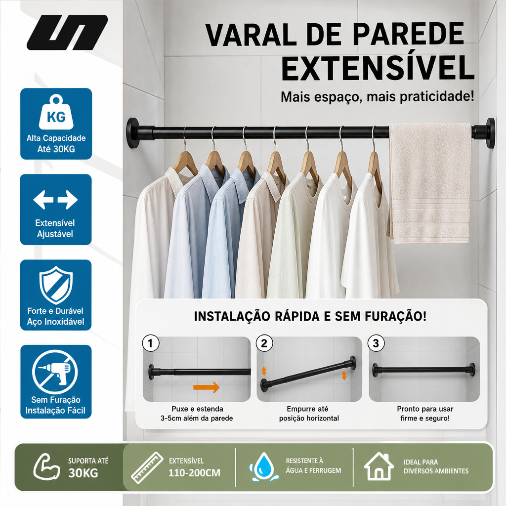 Varão Telescópico Sem Furos Mola Embutida Suporte Robusto Gravidade Metal Cortina Chuveiro Varal Roupas