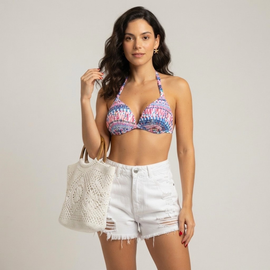 Top de Biquíni Feminino Cortininha Triângulo Estampado Colorido Amarração Verão Praia