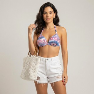Top de Biquíni Feminino Cortininha Triângulo Estampado Colorido Amarração Verão Praia