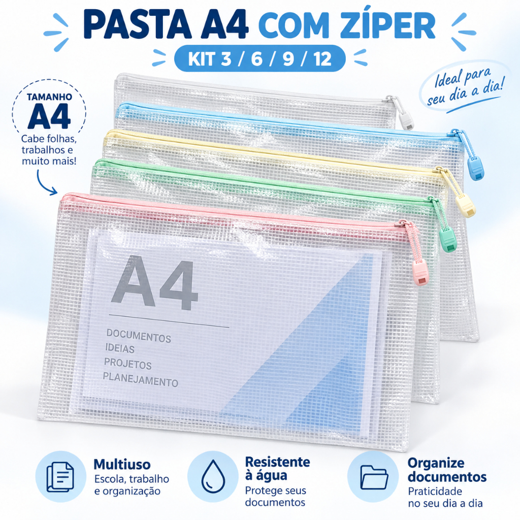 Kit Pasta Organizadora A4 com Zíper Resistente a Respingos para Documentos e Papelaria