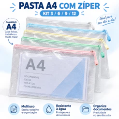 Kit Pasta A4 com Zíper Impermeável PVC Nylon para Documentos Escola Escritório