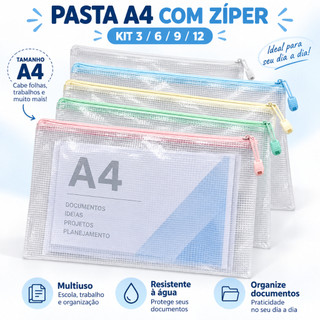 Kit Pasta A4 com Zíper Impermeável PVC Nylon para Documentos Escola Escritório