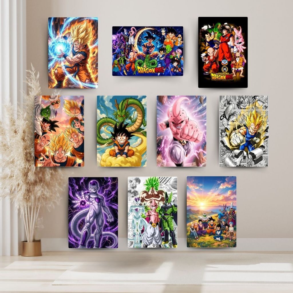 Kit 10 Quadros Dragon Ball Mini Decorativos Anime Goku Vegeta Decoração Geek Gamer Quarto Sala Presente Fã