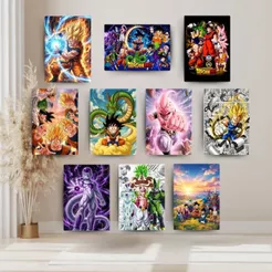 Kit 10 Quadros Dragon Ball Mini Decorativos Anime Goku Vegeta Decoração Geek Gamer Quarto Sala Presente Fã