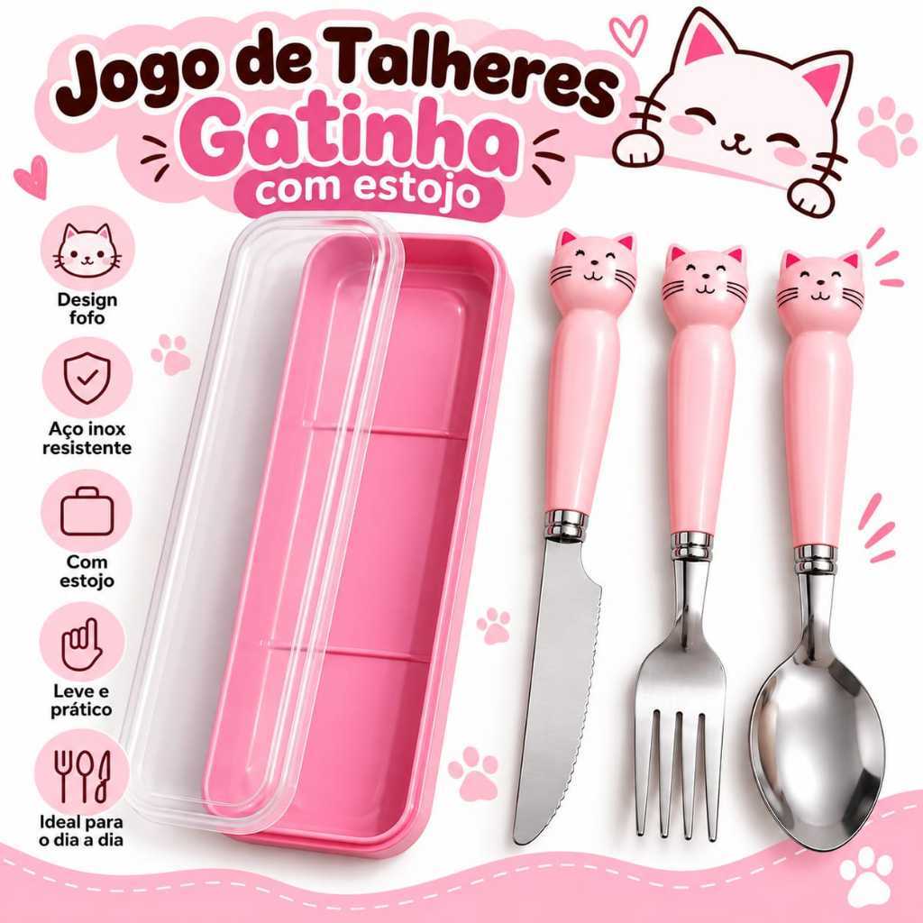 Kit 3 Peças Talheres Infantil Gatinha Garfo Faca Colher Com Estojo