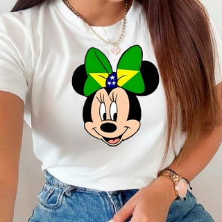Camiseta Feminina Brasil Minnie Laço Verde Amarelo T Shirt Estampada 100% Algodão Blusa Feminina