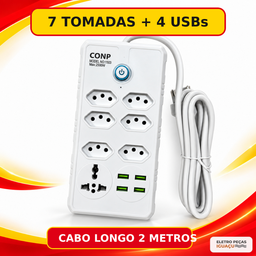 Régua Extensão Filtro De Linha 7 Tomadas 4 Usb Cabo 2m Bivolt 10a Carregador Celular Pc Notebook Tv Universal Inteligent