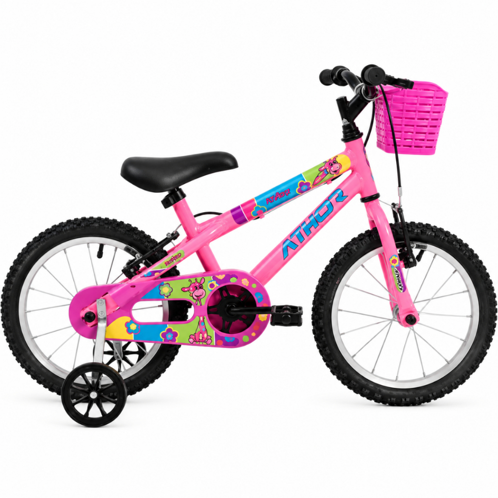 Bicicleta Infantil Athor Baby Girl Aro 16 Rosa Girafa Com Cestinha e Rodinhas