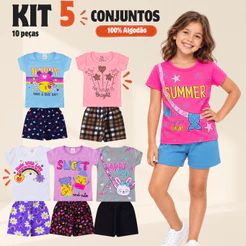 Kit 10 Peças Infantil Menina Verão - Kit 5 Conjuntos Verão Feminino - 5 Blusas + 5 Shorts 1 Ao 14
