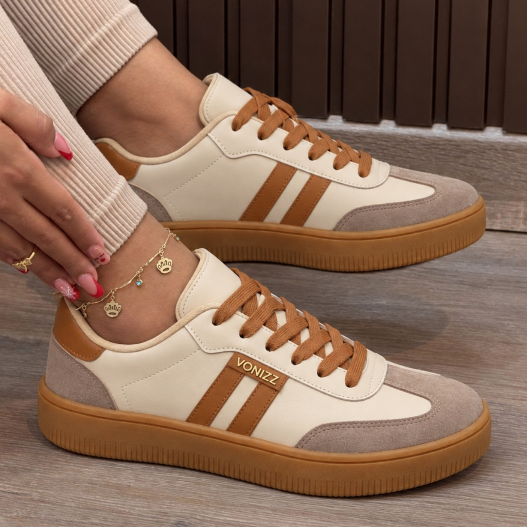 Tênis Feminino Retrô Clássico Couro Bege Casual Sapato Baixo Macio Listra Estiloso Tendência Modinha sapa tênis Bonito