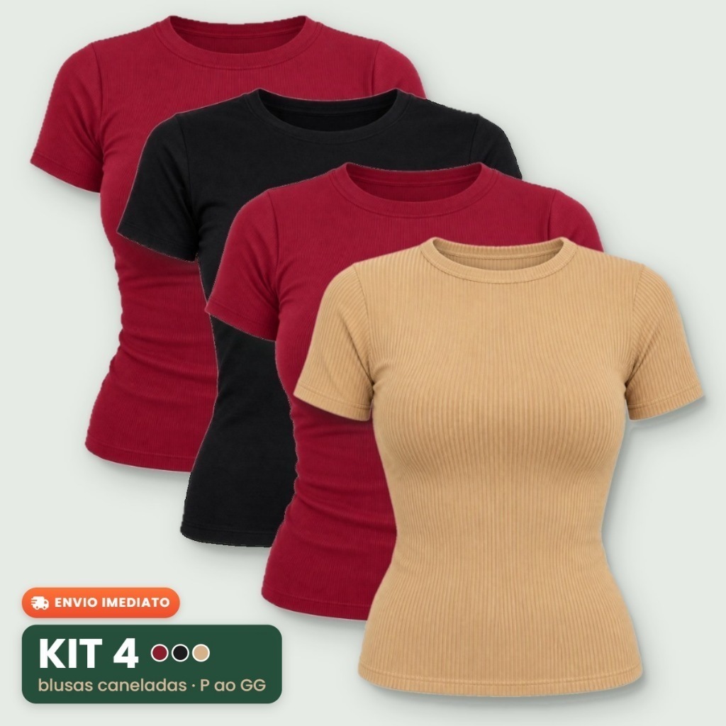 Kit 4 Blusas Femininas Canelada Manga Curta Estilosa Elegante Baby Tee T-Shirt Ribana Básica Casual Gola Redonda