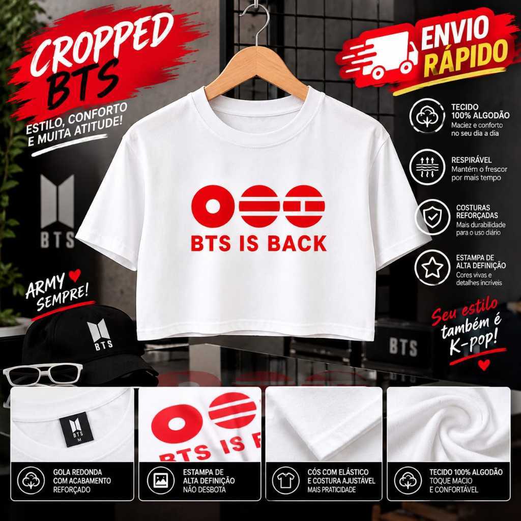 Cropped Feminino BTS Estiloso Confortável 100% Algodão Varias Cores Envio Rápido