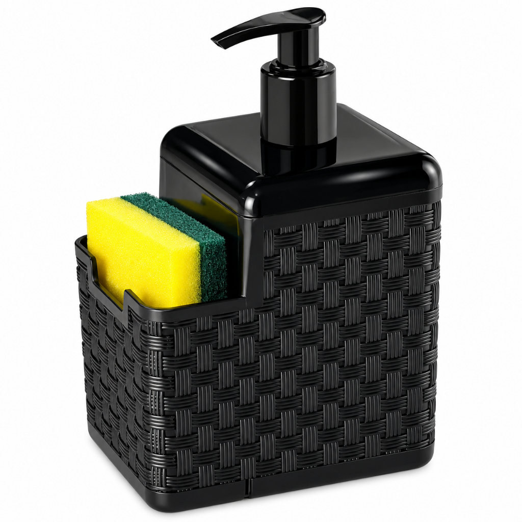 Dispenser Porta Detergente com Dosador e Suporte para Esponja Rattan Preto Arqplast