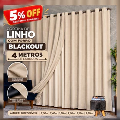 Cortina de Linho com Forro Blackout para Sala e Quarto 4M X 2,30/2,40/2,50/2,60/2,70/2,80 Varão Simples