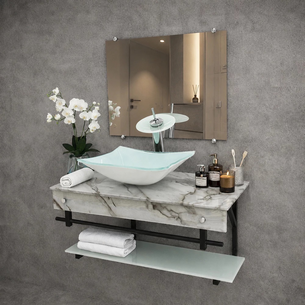 Gabinete De Vidro Banheiro Lavabo 50cm Apx Com Cuba Quadrada Cores Variadas